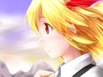  blonde_hair cloud hair_ribbon looking_away mountain profile red_eyes red_star_(toranecomet) ribbon rumia short_hair solo star_(sky) sunset touhou upper_body wind 