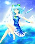  arched_back arms_behind_back bare_legs barefoot blue_eyes blue_hair blue_sky bow cirno cloud dress el_(el406) flying hair_bow knee_up looking_at_viewer mountain open_mouth outstretched_arms puffy_short_sleeves puffy_sleeves ribbon short_hair short_sleeves sky solo sun teenage touhou water wings 