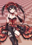  asle bare_shoulders black_hair breasts checkered checkered_background checkered_floor cleavage clock_eyes date_a_live dress garter_straps hairband heterochromia lolita_fashion lolita_hairband long_hair looking_at_viewer medium_breasts red_eyes ribbon sitting smile solo symbol-shaped_pupils thighhighs tokisaki_kurumi twintails uneven_twintails yellow_eyes 