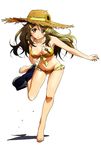  absurdres artist_request bare_shoulders barefoot bikini breasts brown_hair cleavage denim denim_shorts flower full_body hair_ornament hairclip hat highres jewelry key leg_lift long_hair medium_breasts navel necklace official_art open_fly open_mouth pants_around_one_leg pendant scan shinomiya_himawari short_shorts shorts shorts_around_one_leg simple_background solo straw_hat sun_hat sunflower swimsuit undressing unzipped vividred_operation white_background yellow_bikini yellow_eyes 