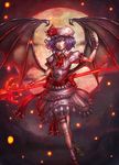  bat_wings blue_hair dress full_body hat hat_ribbon highres looking_at_viewer mob_cap moon pink_dress puffy_short_sleeves puffy_sleeves red_eyes red_moon red_ribbon remilia_scarlet ribbon short_hair short_sleeves solo spear_the_gungnir standing touhou vampire wings zamboze 