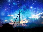  blue_sky cloud cloudy_sky comet commentary_request highres house night night_sky no_humans original outdoors scenery sky sparkle star_(sky) starry_sky telephone_pole town usamochi. 