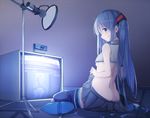  :p blue_eyes blue_hair boots butt_crack detached_sleeves hatsune_miku highres long_hair looking_back microphone mizuno_monaka niconico panties sitting skirt skirt_lift solo striped striped_panties thigh_boots thighhighs tongue tongue_out underwear very_long_hair vocaloid wariza 