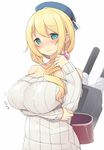  atago_(kantai_collection) bad_id bad_pixiv_id bare_shoulders blonde_hair blue_hat blush breast_hold breasts cleavage covered_nipples green_eyes hat kantai_collection large_breasts long_hair nekoume off-shoulder_sweater open_mouth ribbed_sweater simple_background smile solo sweater translated white_background 