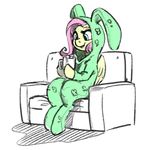  blue_eyes bunny_costume clothing cup drink equine eyes female fluttershy_(mlp) friendship_is_magic fur hair horse kevinsano mammal my_little_pony onesie pegasus pink_hair plain_background pony sitting sketch smile sofa white_background wings yellow_fur 