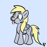  blonde_hair blue_background cute cutie_mark derpy_hooves_(mlp) dripping equine female feral friendship_is_magic fur green_eyes grey_fur hair horse lolzaman mammal my_little_pony pegasus plain_background pony saliva signature solo tongue tongue_out wings 