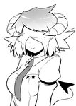  armband breasts covered_eyes demon_tail demona greyscale horns large_breasts monochrome necktie short_hair smile solo tail the_voynich_hotel tie_clip tsukudani_(coke-buta) 