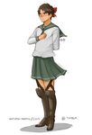  autumn-north blush boots bow brown_hair crossdressing eren_yeager full_body green_eyes hair_bow highres knee_boots male_focus pleated_skirt protected_link school_uniform serafuku shingeki_no_kyojin simple_background skirt solo thigh_strap 
