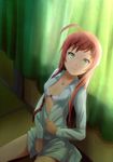  ahoge bottomless bra braid curtains green_eyes hataraku_maou-sama! long_hair looking_at_viewer na_(zooncopter) open_clothes open_shirt red_hair shirt sitting solo tatami underwear yusa_emi 