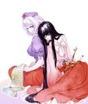  black_hair branch closed_eyes dress hat houraisan_kaguya jeweled_branch_of_hourai long_hair looking_back multiple_girls nurse_cap red_eyes silver_hair tama_(moonriders) touhou very_long_hair yagokoro_eirin yuri 