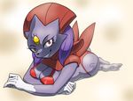  big_breasts bikini breasts butt cleavage clothed clothing erect_nipples female hair looking_at_viewer melissa nintendo nipples original_character pok&#233;mon pok&eacute;mon purple_hair red_eyes smile solo swimsuit tattoo teckworks tight_clothing video_games weavile 