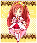  artist_name boots bow character_name choker copyright_name cure_ace dokidoki!_precure full_body hair_bow hiyopuko knee_boots long_hair madoka_aguri magical_girl precure red_eyes red_hair red_skirt skirt smile solo wrist_cuffs yellow_background 