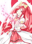  bow brooch buts_(11067) choker cure_ace dokidoki!_precure hair_bow jewelry long_hair madoka_aguri magical_girl one_eye_closed petals ponytail precure puffy_sleeves red_eyes red_hair red_skirt skirt smile solo 