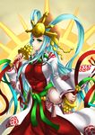  amaterasu_(p&amp;d) aqua_hair fi-san green_eyes hat highres long_hair older puzzle_&amp;_dragons solo 