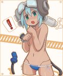  1girl :o android ass_visible_through_thighs bad_id bad_pixiv_id bikini blue_hair blush cable covering covering_breasts cropped_legs engrish goggles goggles_on_head green_eyes looking_at_viewer mawaru_(mawaru) navel open_mouth original outline panties ranguage ringed_eyes robot_joints short_eyebrows short_hair side-tie_bikini side-tie_panties solo spoken_exclamation_mark swimsuit tail topless underwear 