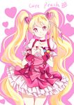  blonde_hair bow buts_(11067) character_name choker corset cure_peach earrings fresh_precure! hair_ornament heart heart_hair_ornament heart_hands highres jewelry long_hair magical_girl momozono_love pink_bow pink_choker pink_eyes precure ribbon skirt smile solo twintails 