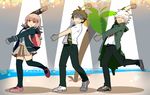  &gt;_&lt; 2boys :d arms_up bad_id bad_pixiv_id beach brown_hair clenched_hands closed_eyes dancing danganronpa flipped_hair hinata_hajime hood hooded_jacket hoodie inazuma_eleven inazuma_eleven_(series) jacket komaeda_nagito long_hair mary_janes miniskirt morinaga777 multiple_boys nanami_chiaki necktie ocean open_mouth palm_tree pants parody pink_eyes pleated_skirt raised_fist shaded_face shoes short_hair skirt smile standing standing_on_one_leg super_danganronpa_2 sweatdrop thighhighs tree white_hair zettai_ryouiki 