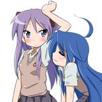  armpits blue_eyes blue_hair cosplay hiiragi_kagami izumi_konata long_hair lucky_star mizushima_(p201112) mole mole_under_eye multiple_girls purple_hair ryouou_school_uniform school_uniform serafuku smell smelling smelling_armpit to_aru_kagaku_no_railgun to_aru_majutsu_no_index twintails 