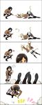  1boy 2girls absurdres animal_ears annie_leonhardt black_hair blonde_hair blue_eyes brown_hair cat_ears cat_tail cat_teaser comic constricted_pupils eren_yeager flying_sweatdrops highres jumping long_sleeves lupin_dive mikasa_ackerman multiple_girls pants paradis_military_uniform pouncing scarf shingeki_no_kyojin short_hair silent_comic silver_eyes smoke sweatdrop tail thigh_strap uemukai_dai uniform 