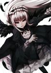  bad_id bad_pixiv_id black_wings dress feathers frills hairband long_hair looking_at_viewer open_mouth pantyhose red_eyes rozen_maiden silver_hair smile solo suigintou wings zen_o 