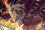  blonde_hair broken broken_chain chain cuffs dress fire flame flandre_scarlet hat hat_ribbon highres laevatein looking_at_viewer pink_eyes red_dress ribbon shackles shirt short_sleeves side_ponytail smile solo sorano_eika touhou wings 