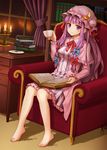  barefoot book breasts chair crescent cup dress full_body hair_ribbon hat long_hair looking_at_viewer medium_breasts momoko_(momopoco) patchouli_knowledge puffy_sleeves purple_dress purple_eyes purple_hair ribbon shirakawa_mayo sitting smile solo striped striped_dress teacup touhou 