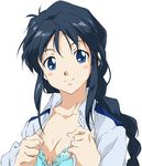  black_hair blue_eyes blush bra braid breasts cleavage face kobayakawa_miyuki long_hair medium_breasts open_clothes open_shirt police police_uniform shirt solo umanosuke underwear undressing uniform upper_body you're_under_arrest 