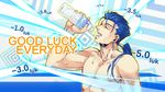  blue_hair bottle drinking earrings fate/stay_night fate_(series) irony jewelry lancer long_hair male_focus manly parody ponytail shirtless solo sunday31 water water_bottle 