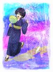  akaboshi_imoko black_hair blue_eyes copyright_request fan fireworks glasses japanese_clothes kimono male_focus paper_fan sandals smile solo uchiwa 