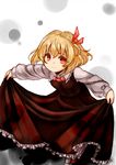  absurdres bad_id bad_pixiv_id blonde_hair curtsey dress frilled_dress frills hair_ribbon highres looking_at_viewer red_eyes red_footwear ribbon rumia shoes short_hair simple_background skirt_hold smile solo touhou white_background yuubari_makuwa 