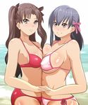  beach bikini black_hair breast_press breasts brown_hair fate/stay_night fate_(series) green_eyes kurorettsu large_breasts long_hair matou_sakura multiple_girls purple_eyes swimsuit symmetrical_docking toosaka_rin twintails 