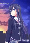  black_hair black_legwear blue_eyes hair_ribbon highres hujikok long_hair ribbon school_uniform skirt sky solo thighhighs yahari_ore_no_seishun_lovecome_wa_machigatteiru. yukinoshita_yukino 