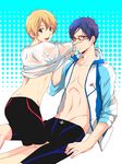  blonde_hair blue_eyes blue_hair free! glasses hazuki_nagisa jammers looking_back male_focus md5_mismatch multiple_boys ryuugazaki_rei shirt_lift smile swimsuit tsugumi_(usakazi) yellow_eyes 