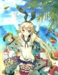  anchor anchor_hair_ornament armpits arms_up beach black_panties blonde_hair blue_eyes blush cloud covering covering_breasts covering_crotch day elbow_gloves food fruit gloves hair_ornament hairband highres innertube kabocha_usagi kantai_collection long_hair looking_at_viewer open_mouth outdoors panties rensouhou-chan sand shimakaze_(kantai_collection) skirt sky solo striped striped_legwear thighhighs torn_clothes tree turret underwear water watermelon white_gloves 