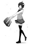  :d araragi_tsukihi bag greyscale kouji_(campus_life) loafers monochrome monogatari_(series) open_mouth petals school_bag school_uniform shoes short_hair skirt smile solo sweater_vest thighhighs 