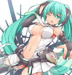  ;o bare_shoulders black_gloves black_legwear blush breasts bridal_gauntlets cleavage elbow_gloves gloves green_eyes green_hair hasu_(hk_works) hatsune_miku hatsune_miku_(append) headset large_breasts long_hair looking_at_viewer navel necktie one_eye_closed open_mouth skirt sleeveless solo thighhighs twintails vocaloid vocaloid_append 