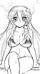  bikini blush breasts cleavage crossed_legs gomamiso_(gomamiso_sp) greyscale highres kochiya_sanae large_breasts long_hair looking_at_viewer monochrome sitting smile solo swimsuit touhou 