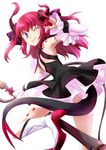  \m/ blue_eyes claws detached_sleeves dress elizabeth_bathory_(fate) elizabeth_bathory_(fate)_(all) fate/extra fate/extra_ccc fate_(series) high_heels horns long_hair one_eye_closed pink_hair pointy_ears pointy_shoes polearm shoes solo spear tail two_side_up urako weapon 