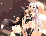  al_bhed_eyes animal_ears ass bad_id bad_pixiv_id bell bell_collar black_gloves black_hair black_legwear blush breasts brown_eyes buckle collar ear_tag elbow_gloves fox_ears fox_tail gloves highres huatu_jiang hug large_breasts long_hair multiple_girls nipples open_mouth original smile tail thighhighs white_hair 