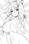  arms_up blush breasts gomamiso_(gomamiso_sp) greyscale highres kochiya_sanae large_breasts long_hair looking_at_viewer monochrome simple_background solo touhou white_background 