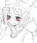  blush fox_tail gomamiso_(gomamiso_sp) highres monochrome multiple_tails open_mouth short_hair simple_background solo spot_color tail tears touhou white_background yakumo_ran 