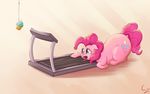  blue_eyes c-adepsy chubby cutie_mark doughnut equine female feral floppy_ears friendship_is_magic fur hair horse long_hair mammal my_little_pony open_mouth overweight pink_fur pink_hair pinkie_pie_(mlp) plain_background pony running solo sweat tongue tongue_out treadmill 