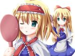  alice_margatroid blonde_hair blue_eyes hair_brush hair_brushing hair_ribbon hairband holding holding_brush holding_hair long_hair mumei ribbon shanghai_doll touhou 