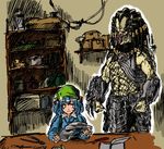  alien armor backpack bag blue_eyes blue_hair blush box cannon crossover energy_gun hat image_sample kawashiro_nitori nameo_(judgemasterkou) nicoseiga_sample predator predator_(movie) sweatdrop touhou two_side_up weapon 