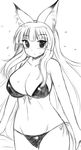  animal_ears bikini blush breasts cleavage flying_sweatdrops fox_ears gomamiso_(gomamiso_sp) greyscale highres large_breasts long_hair looking_at_viewer monochrome original simple_background solo sweat swimsuit very_long_hair white_background 