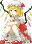  ascot blonde_hair bloomers bobby_socks fang flandre_scarlet hat mary_janes nathaniel_pennel open_mouth red_eyes shoes short_hair side_ponytail simple_background skirt skirt_set smile socks solo touhou underwear white_background wings 