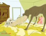  bedroom blanket breasts butt canine dog emetophilia female feral fur grey_fur hair human lying male mammal nipples nude on_bed open_mouth penetration plushie post_vore saliva slime teeth thebigbrap tongue vomit vorarephilia vore weimaraner white_hair 