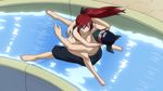  1boy 1girl abs animated animated_gif blood breasts erza_scarlet fairy_tail jellal_fernandes large_breasts lowres mask muscle nosebleed ponytail pool red_hair screencap sexually_suggestive shirtless swimsuit tattoo water water_slide 