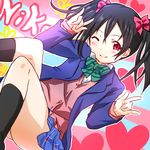  \m/ black_hair blazer bow cardigan double_\m/ hair_bow jacket love_live! love_live!_school_idol_project nishina one_eye_closed otonokizaka_school_uniform pose red_eyes school_uniform short_hair skirt smile solo twintails yazawa_nico 