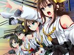  ahoge bad_id bad_pixiv_id bare_shoulders black_hair blue_eyes breasts brown_hair detached_sleeves glasses green-framed_eyewear hairband haruna_(kantai_collection) headgear hiei_(kantai_collection) japanese_clothes kantai_collection kirishima_(kantai_collection) kongou_(kantai_collection) long_hair medium_breasts mokufuu multiple_girls open_mouth outstretched_arm red_eyes semi-rimless_eyewear short_hair under-rim_eyewear wide_sleeves 
